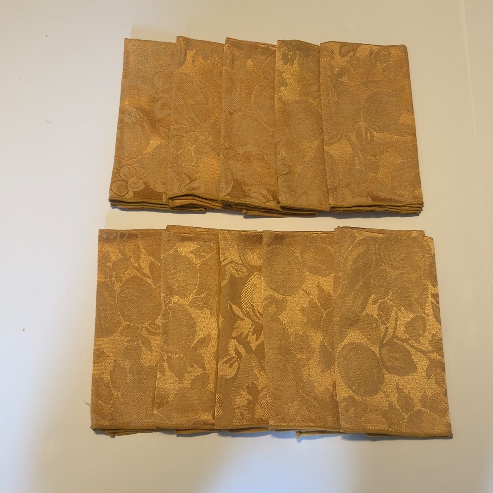 Gold Damask Cloth Napkins Set of 10 Fruit Floral Jacquard Vintage 17in Holiday